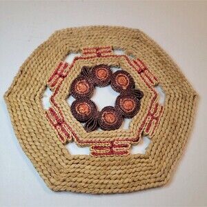 Vintage Woven Raffia Wicker Rattan Straw Trivet Hot Pad Hexagon Boho